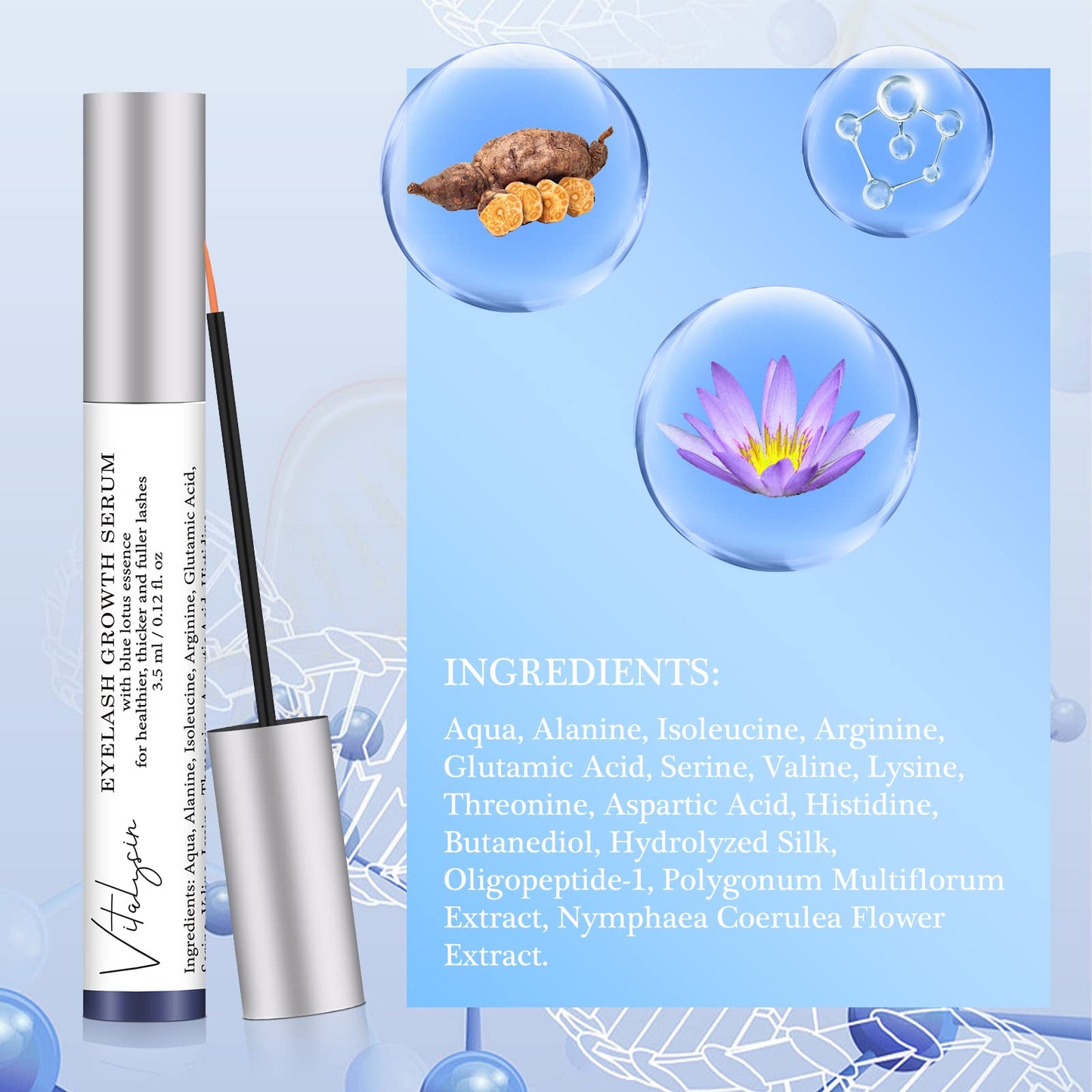 Vitalysin Eyelash Growth Serum - Eyebrow Enhancer - Premium Lash Boost Serum - Natural Ingredients - 0.12OZ/3.5ML (BLUE)