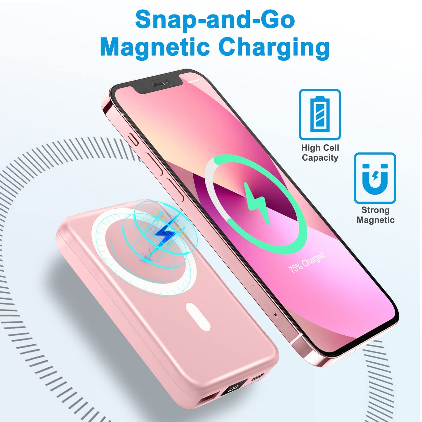 AOGUERBE Magnetic Wireless Portable Charger, 10000mAh Wireless Power Bank PD 22.5W Fast Charging with USB-C LED Display Mag-Safe Battery Pack Compatible for iPhone 15/14/13/12 Pro/Mini/Pro Max (Pink)