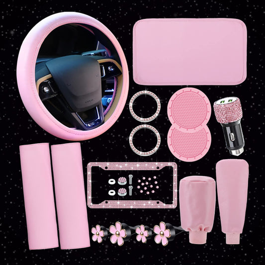 15 Pcs Car Accessories Set Leather Steering Wheel Cover Seatbelt Cover Center Console Pad Bling Car Ring Sticker USB Charger Flower Air Vent Clip