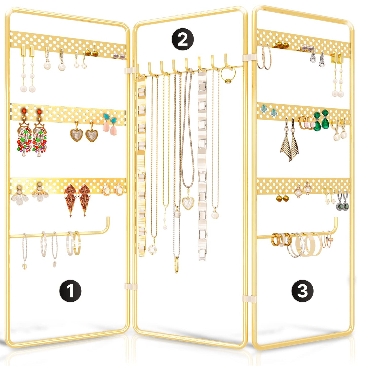 BENOLDY 4 Tier Gold Metal Rustproof Hanging Jewelry Organizer with 3 Foldable Frames - Adjustable Tabletop Free Standing Stand for Necklaces, Earrings, Bracelets, and Watches Display