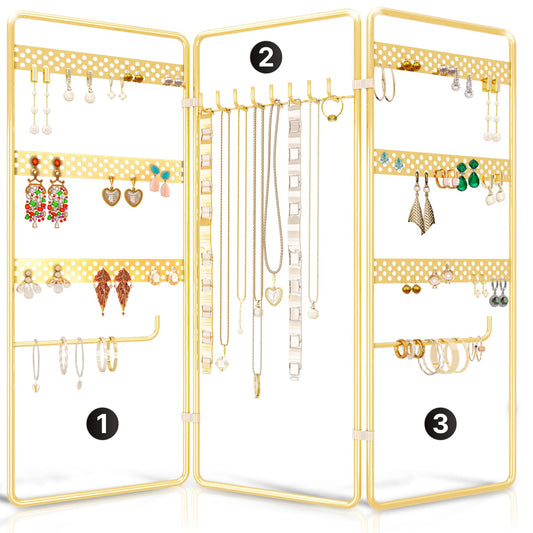 BENOLDY 4 Tier Gold Metal Rustproof Hanging Jewelry Organizer with 3 Foldable Frames - Adjustable Tabletop Free Standing Stand for Necklaces, Earrings, Bracelets, and Watches Display