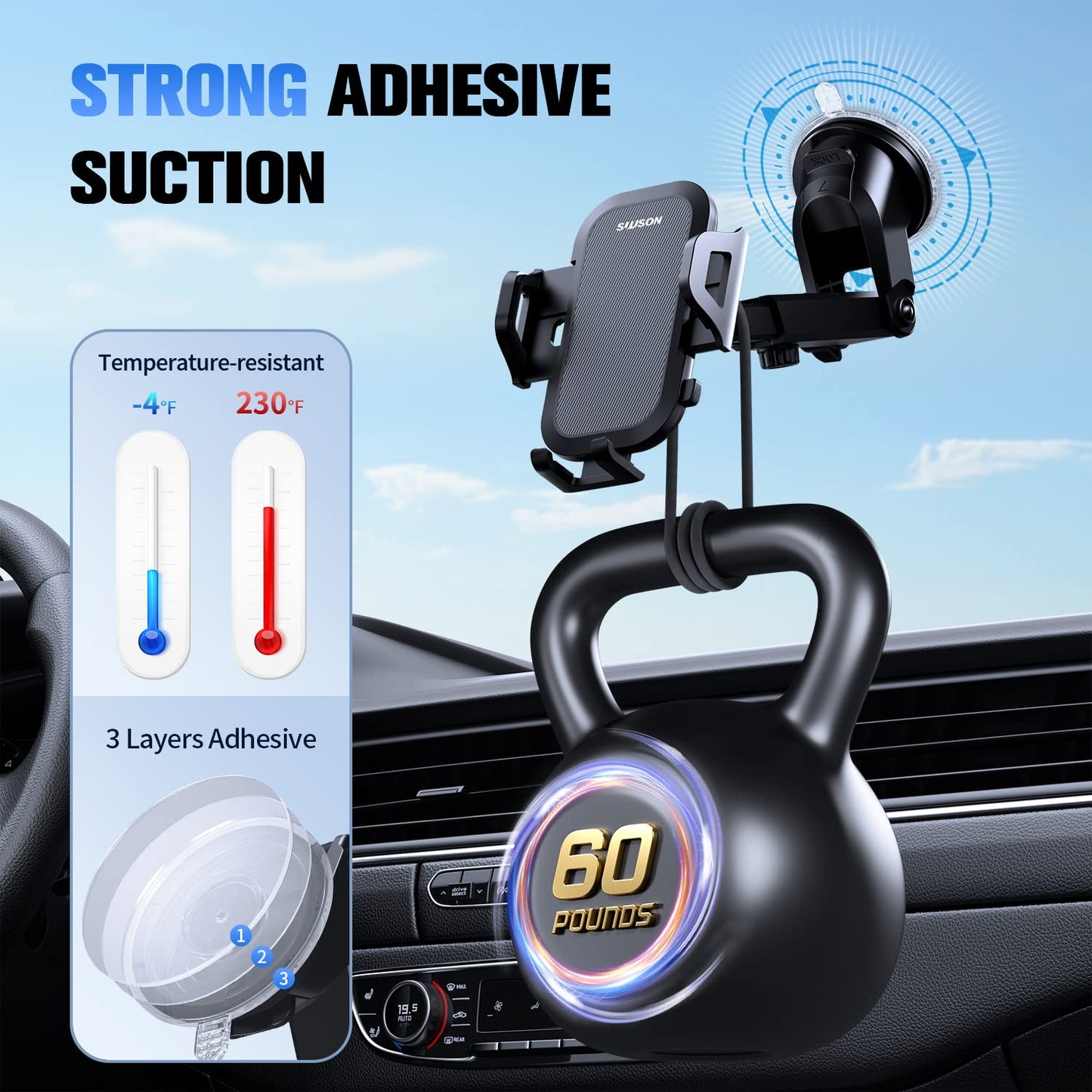 SUUSON Car Phone Holder Mount【Upgraded】-【Bumpy Roads Friendly】 Phone Mount for Car Dashboard Windshield Air Vent 3 in 1,Hand Free Mount for iPhone 14 13 12 Pro Max Samsung All Cell Phones (Black)