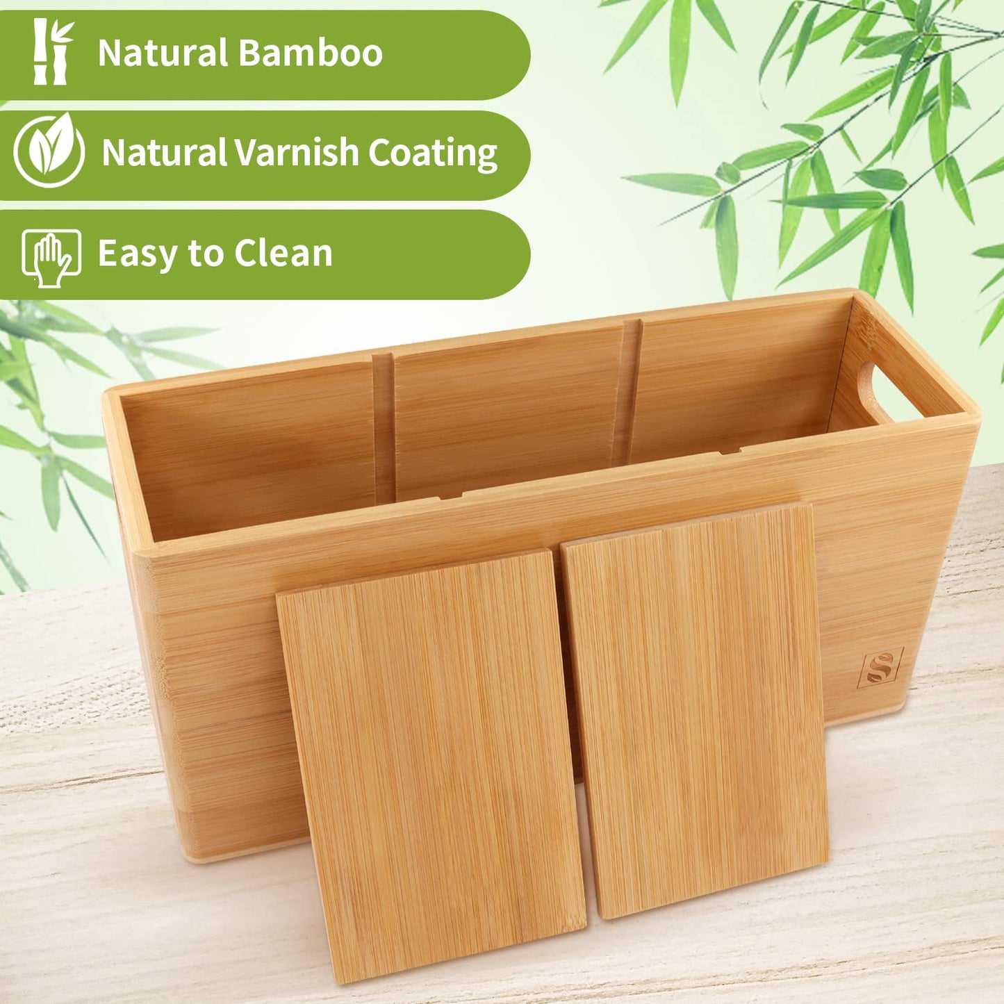 SAUNNIHEN Large Bamboo Utensil Holder for Kitchen Counter, 3 Compartments Cooking Farmhouse Utensil Holder for Countertop, Detachable Utensil Caddy Crock Organizer for Farmhouse Kitchen