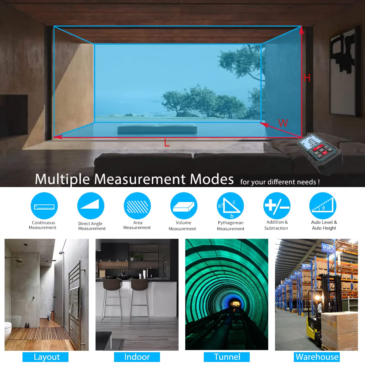 Laser Measure Device, MiLESEEY 229ft Digital Laser Tape Measure with Upgrade Electronic Angle Sensor, ±2mm Accuracy, Area Measurement,Volume and Pythagoras, 2" LCD Backlit,Mute, Battery Included