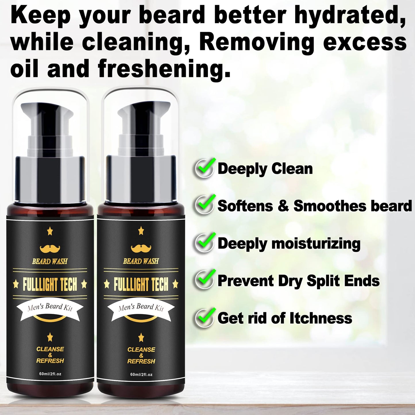 FULLLIGHT TECH 2 Pack Beard Wash/Beard Shampoo w/Argan Oil & Jojoba Oils,Rosemary Extract - Clean & Moisturizing & Nourishing for Mustache & Beard Maintenance Growth-Beard Kit for Men Gift