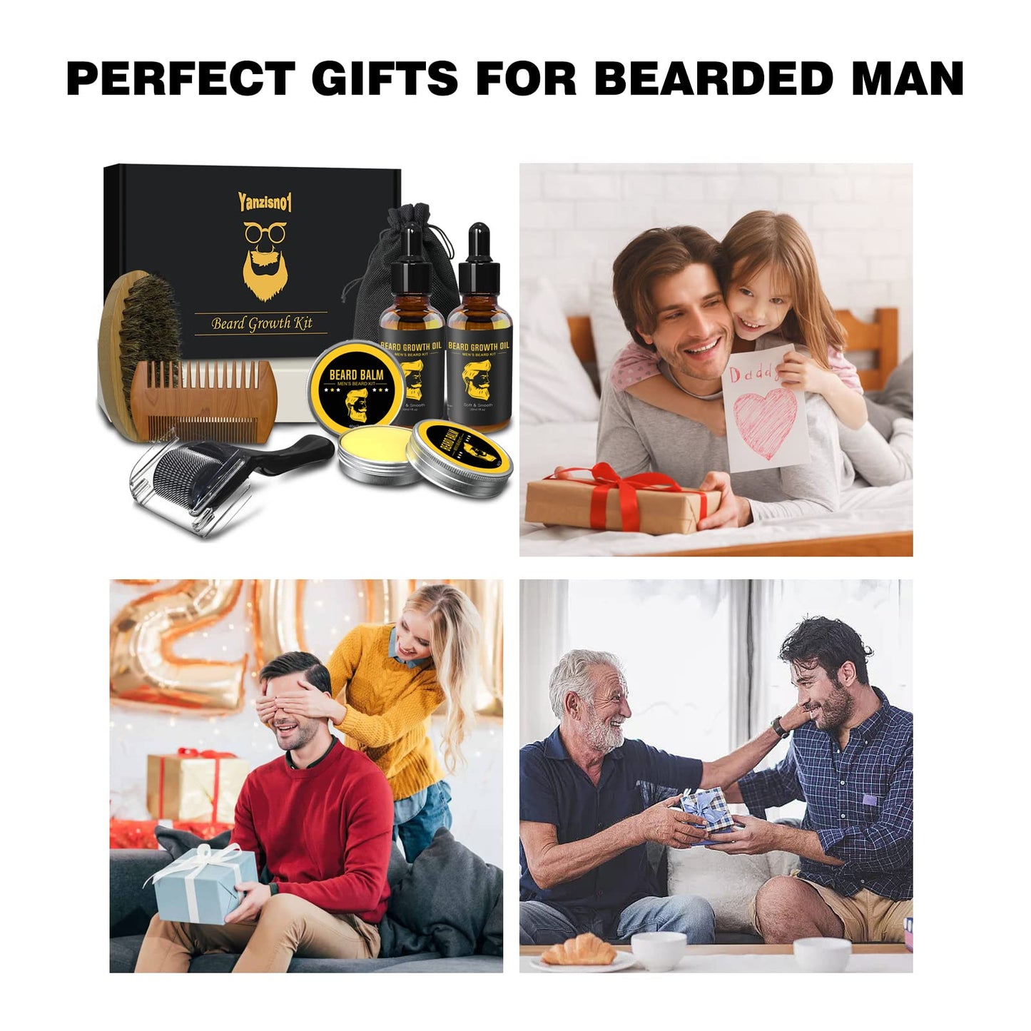 Yanzisno1 Beard Growth Kit for Mens Grooming & Care W/2 Beard Balm, 2 Beard Oil for Men, Beard Roller, Beard Supplies Boar Bristle Beard Brush, Comb, Beard Scissor, Storage Bag Gift for Him Dad