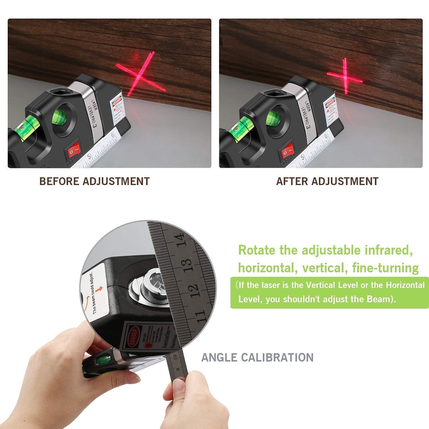 Laser level, Multipurpose Laser Tape Measure Line 8ft+ Tape Measure Ruler Adjusted Standard and Metric Rulers Update Batteries MICMI