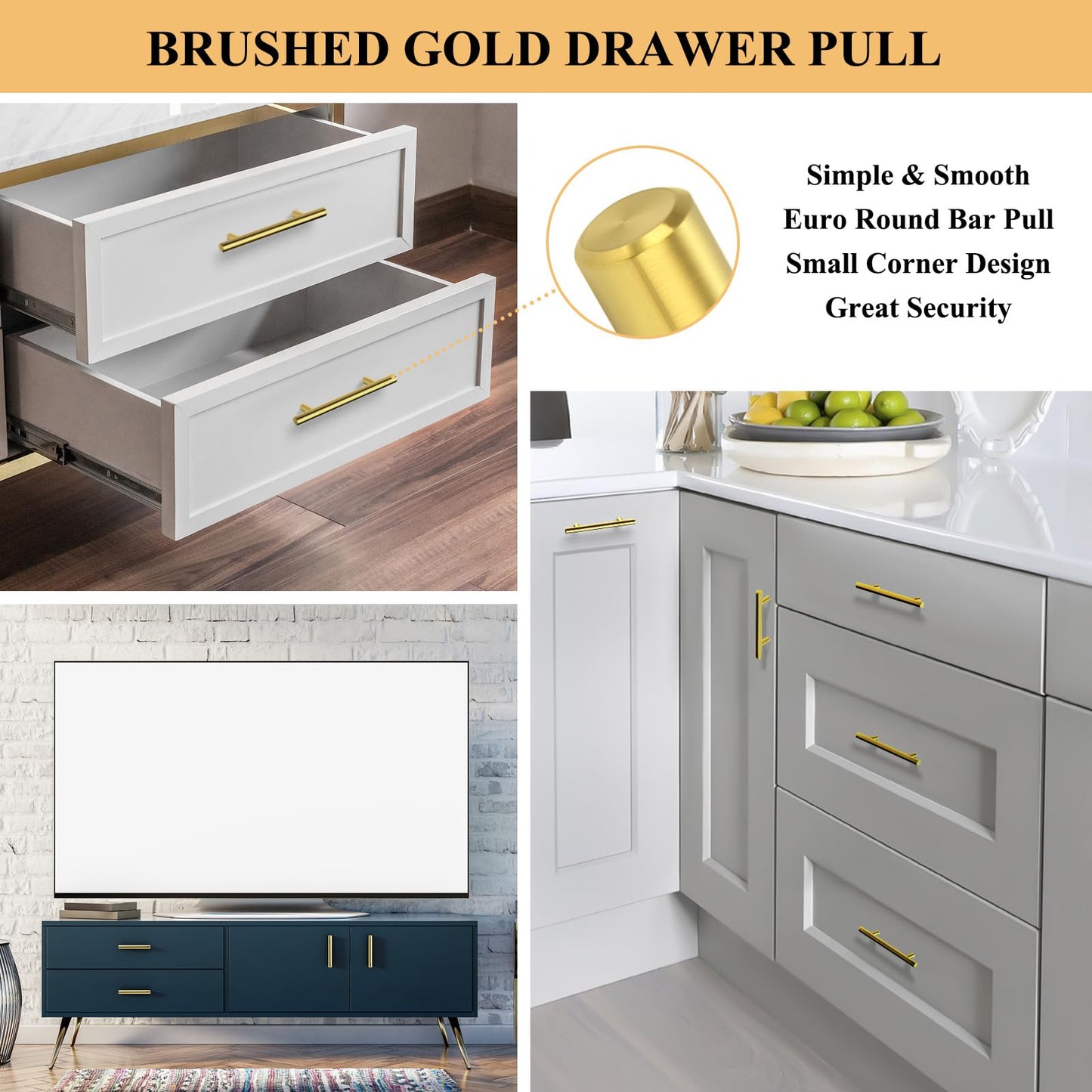 Plustool 30Pack 3''Hole Centers Gold Cabinet Handles-Brushed Brass Cabinet Pulls Gold Dresser Drawer Pulls-Stainless Steel Door Hardware for Kitchen Bathroom Bedroom Furniture-5''Overall Length