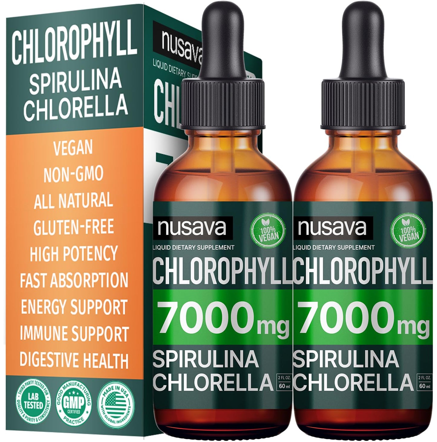 (2 Pack) Vegan Chlorophyll Liquid Drops 7000mg for Immune Support, Energy, Gut & Skin Health, 4-in-1 Liquid Chlorophyll Drops - 100mg, Spirulina, Chlorella, & Copper - Internal Deodorant, 4 Fl Oz