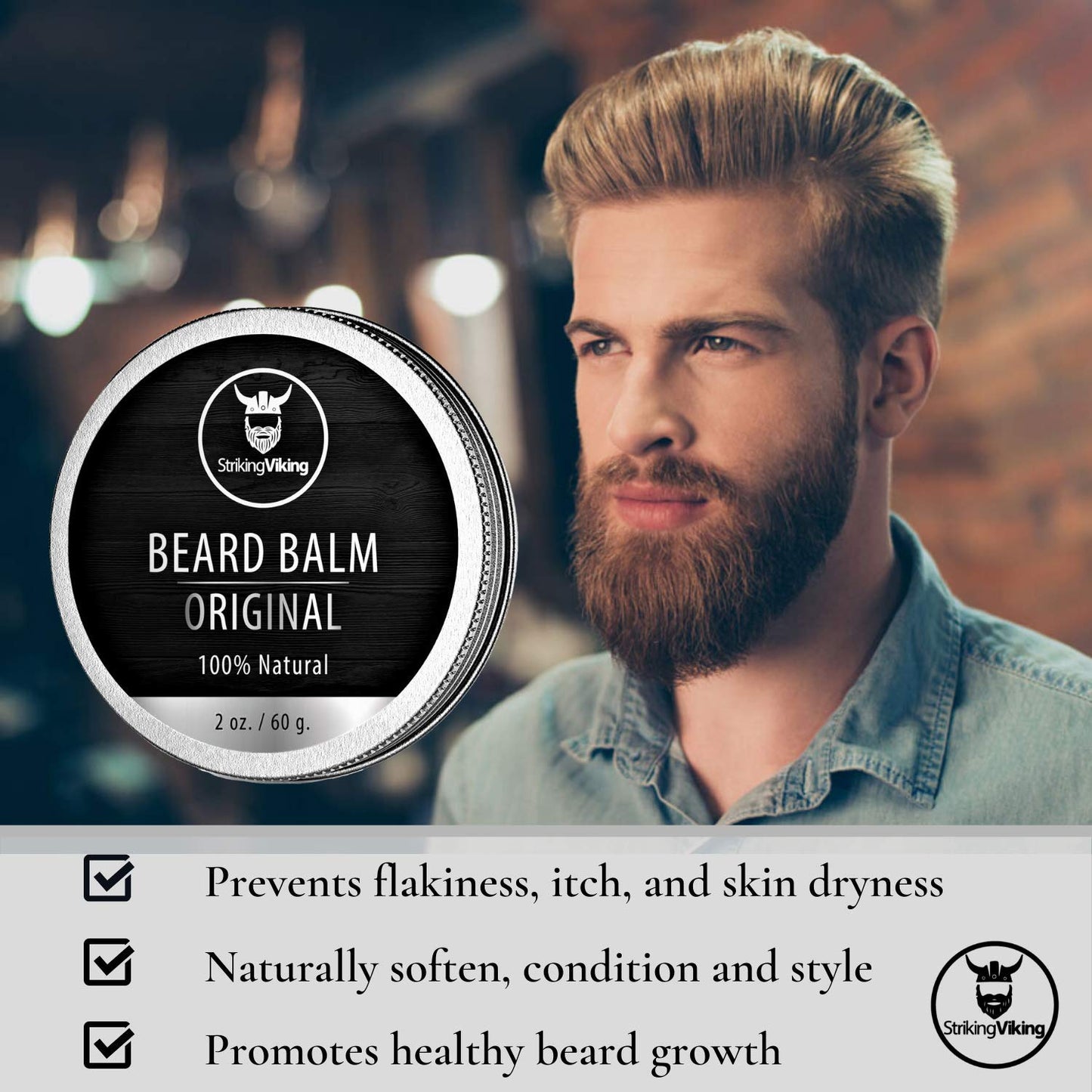 Striking Viking Unscented Beard Balm - Styles, Strengthens & Softens Beards and Mustaches - 100% Natural Beard Conditioner with Organic Shea Butter, Tea Tree, Argan & Jojoba Oils