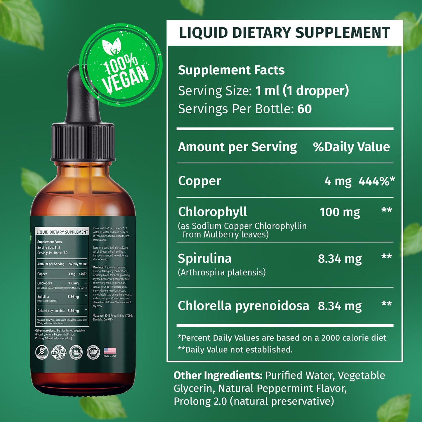 (2 Pack) Vegan Chlorophyll Liquid Drops 7000mg for Immune Support, Energy, Gut & Skin Health, 4-in-1 Liquid Chlorophyll Drops - 100mg, Spirulina, Chlorella, & Copper - Internal Deodorant, 4 Fl Oz