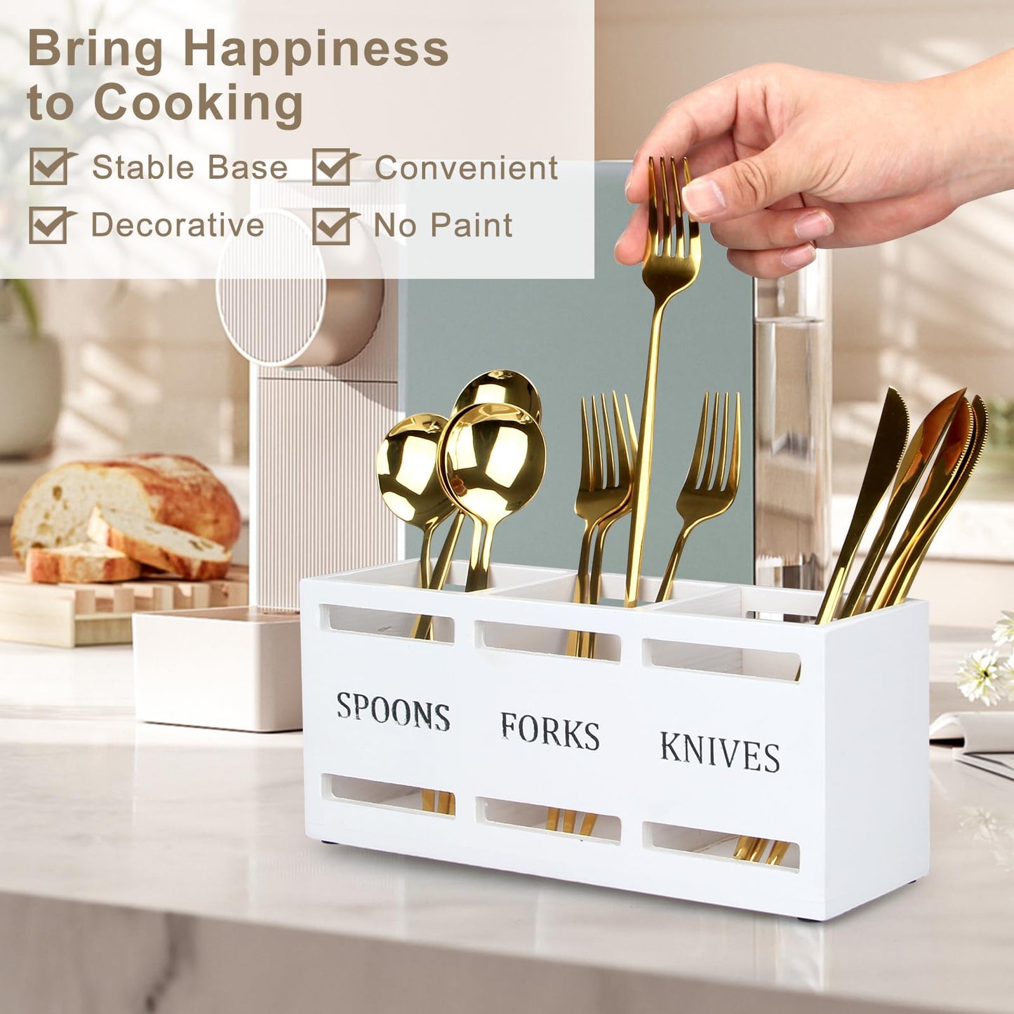 Ayiaren Wooden Silverware Caddies Flatware Cutlery Holder Wood Silverware Organizer Storage Containers Black Kitchen Utensils Holder for Countertop Spoon and Fork Holder Flatware Utensil Caddy