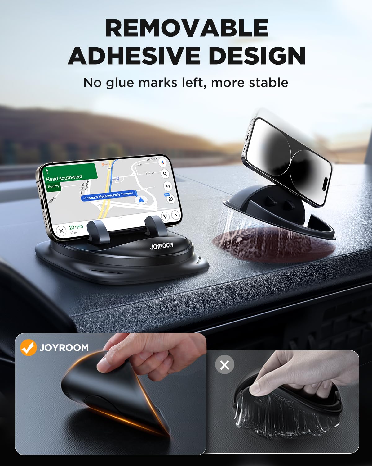 JOYROOM Phone Mount for Car, [Adjustable Spring Design] Dashboard Cell Phone Holder Car, 360° Rotatable Car Phone Holder Mount with Non-slip Silicone, Compatible with iPhone, Samsung, Other Smartphone