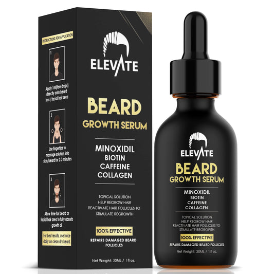 Elevate Beard Growth Oil 5% Minoxidil Hair Growth Serum with Biotin & Caffeine – Grow a Stronger Thicker Fuller Beard Faster – Natural Facial Hair Treatment for Grooming Thickening and Volume 1 Fl Oz