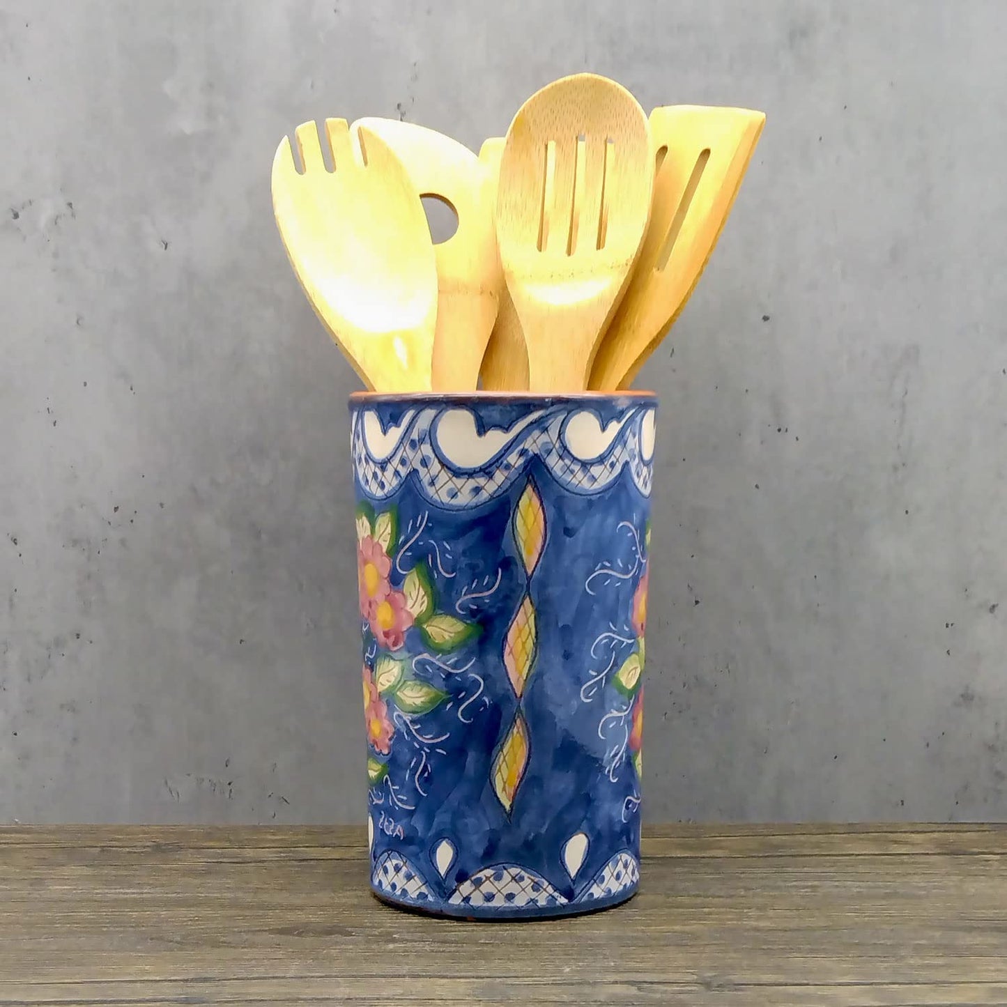 Hand Painted Portuguese Pottery Floral Kitchen Utensil Holder, Blue, White, Red, Green, Yellow (255-355-455-FL)