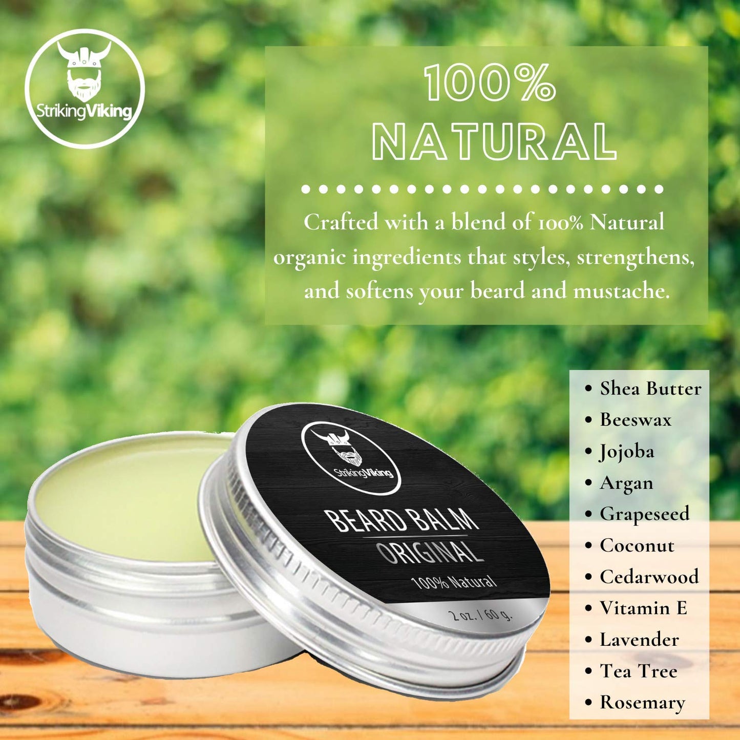 Striking Viking Unscented Beard Balm - Styles, Strengthens & Softens Beards and Mustaches - 100% Natural Beard Conditioner with Organic Shea Butter, Tea Tree, Argan & Jojoba Oils