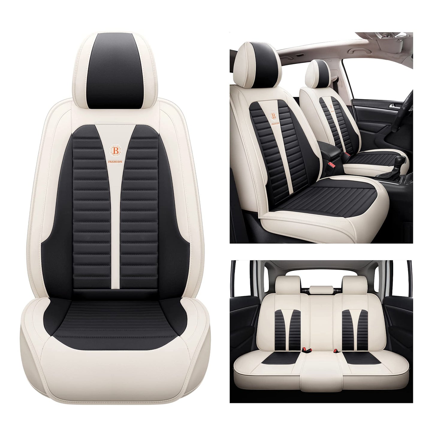 Isen-CoverAuto Full Coverage Faux Leather Car Seat Covers Automotive Vehicle Cushion Universal Fit for Cars SUVs Pick-up Truck, Auto Interior Accessories Seat Covers Full Set (Black & Cream)