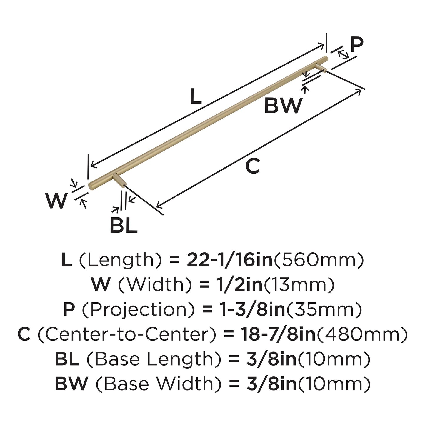 Amerock | Cabinet Pull | Golden Champagne | 18-7/8 inch (480 mm) Center to Center | Bar Pulls | 1 Pack | Drawer Pull | Drawer Handle | Cabinet Hardware