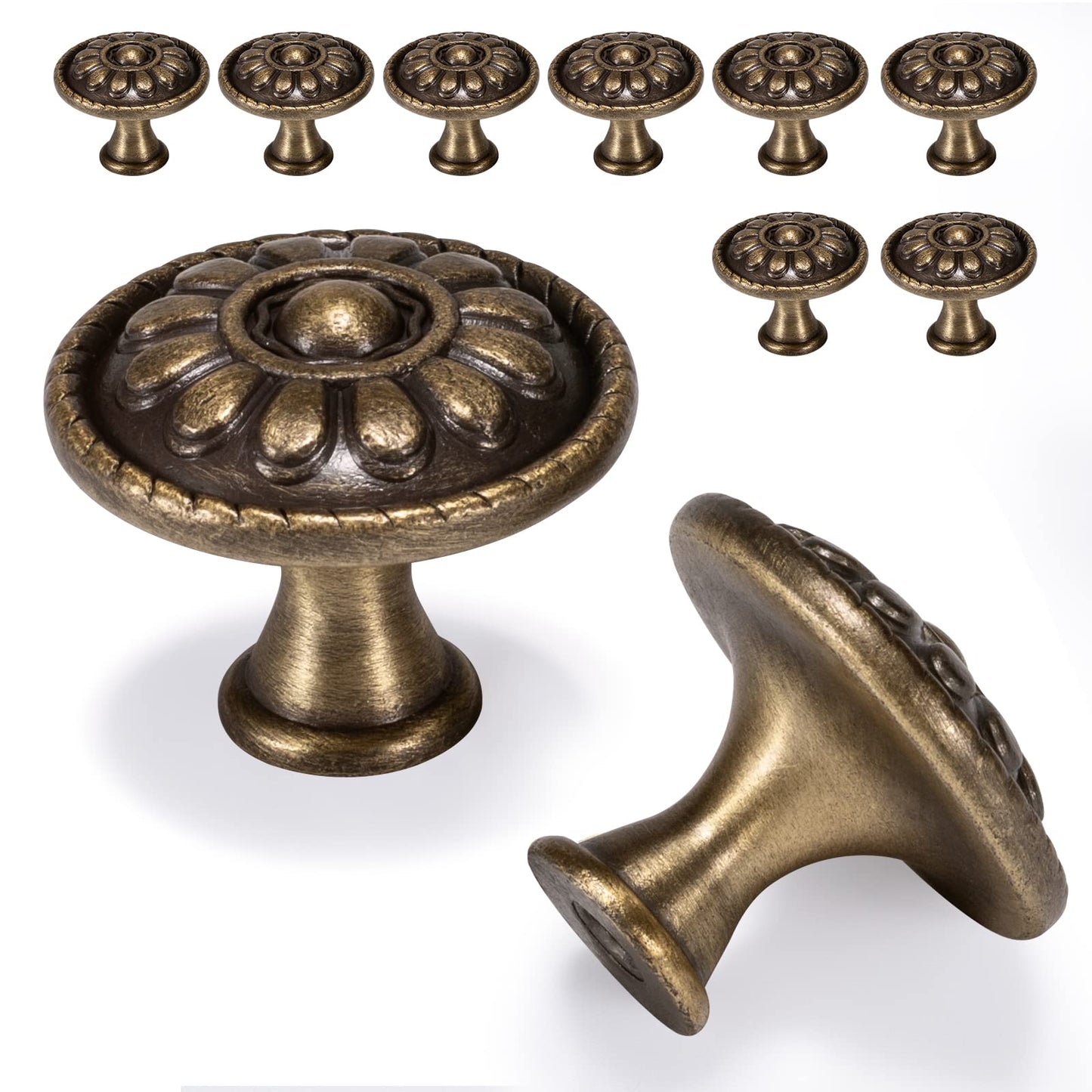 Fecraf 10 Pack Antique Brass Cabinet Knobs, Retro Bronze Kitchen Drawer Knobs Pull, Solid Round Dresser Knobs for Nightstands Single Hole Cabinet Hardware for Refinished Furniture, Diameter-1.18in