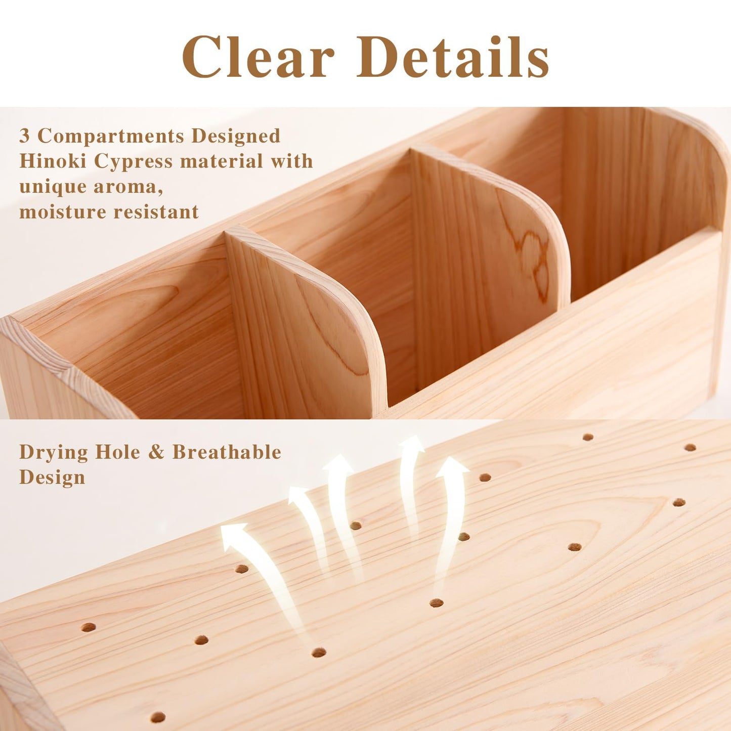 TREOAKWIS Utensil Holder Extra Large, Hinoki Cypress Wood Utensil Organizer Holder, 3 Compartment Kitchen Countertop Utensil Caddy Crock Counter Organizer and Cooking Tools Storage