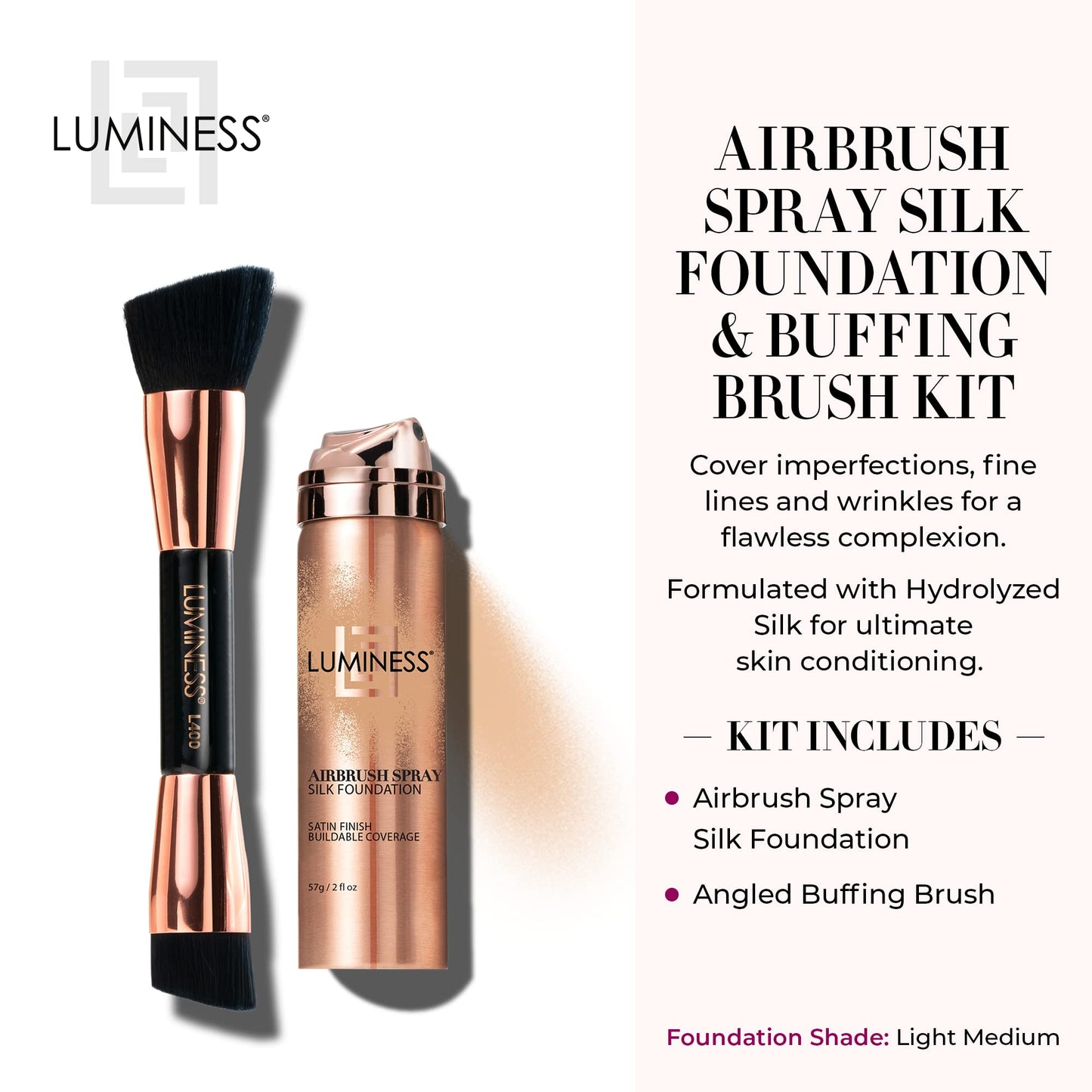 LUMINESS Silk Airbrush Spray Foundation & Buffing Brush Kit – Full Coverage Foundation & Dual-Sided Buffing Brush - Buildable Coverage, Anti-Aging Formula Hydrates & Moisturizes (Shade - Light Medium)