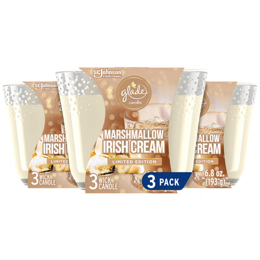 Glade Candle Marshmallow Irish Cream, Fragrance Candle Infused with Essential Oils, Air Freshener Candle, 3-Wick Candle, 6.8 Oz, 3 Count