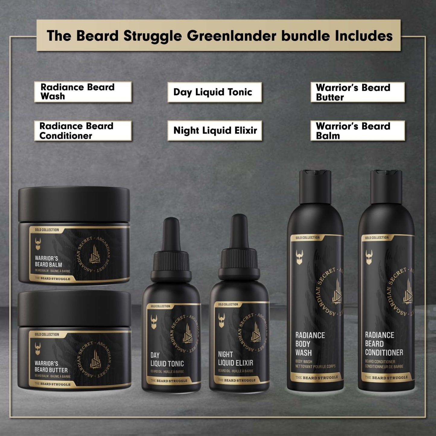 The Beard Struggle Greenlander Bundle Beard Kit - Includes Beard Butter, Beard Balm, Beard Night Oil, Beard Day Oil, Beard Wash & Beard Conditioner - Silver Collection - Viking Storm