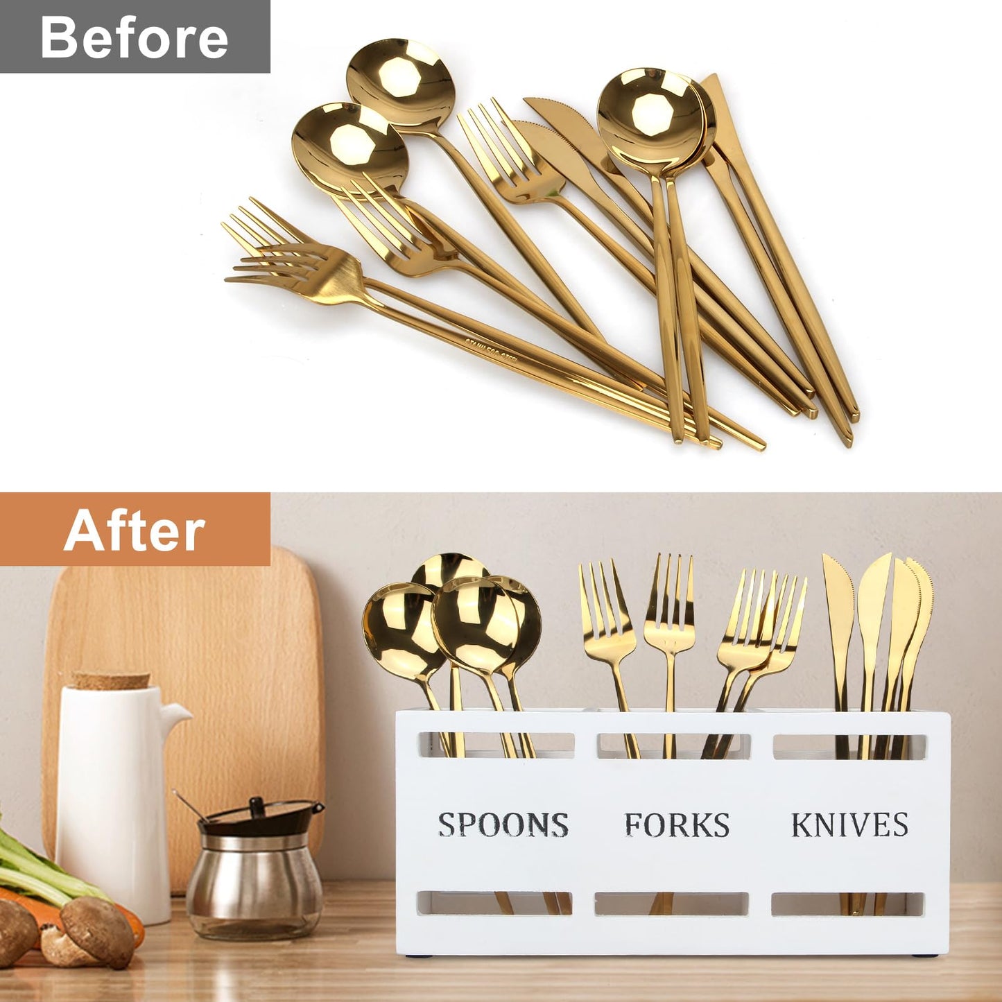 Ayiaren Wooden Silverware Caddies Flatware Cutlery Holder Wood Silverware Organizer Storage Containers Black Kitchen Utensils Holder for Countertop Spoon and Fork Holder Flatware Utensil Caddy