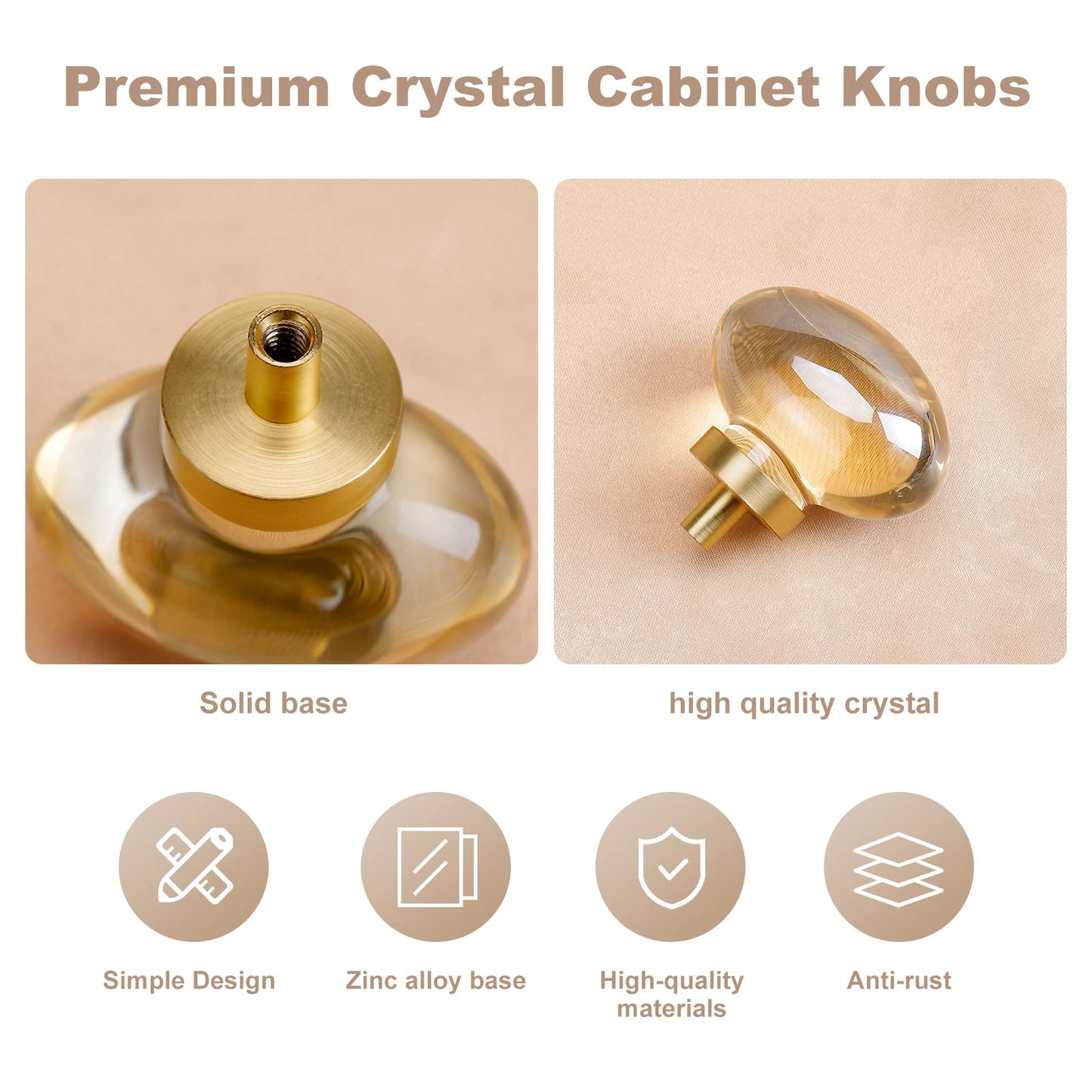 CLCTK 8 Pack Champagne Crystal Cabinet Knobs, Gold Cabinet Knobs Glass Knobs for Dresser Drawers Brass Furniture Hardware Pulls (Oval)