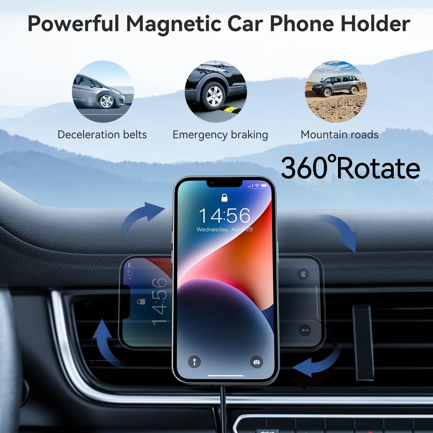 HOSEASON Magnetic Phone Holder for Car, Compatible with MagSafe Wireless Charger, 360° Adjustable Strong Magnetic for Car iPhone Holder Mount, Fit for iPhone 15 14 13 12 Pro Plus Max Mini