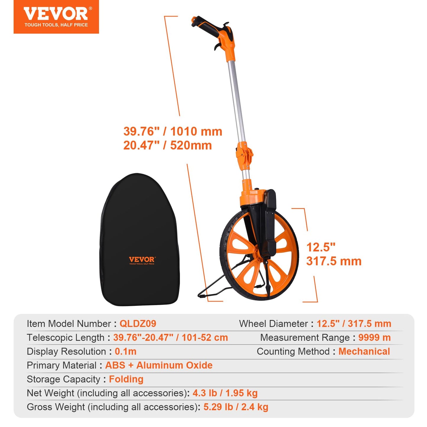 VEVOR Measuring Wheel in Inches, 12.5in Diameter Wheel, Centerline Design w/Handbrake, 39.76-20.47 in Telescoping Measure Wheel,Measurement 0-9,999m with Bag, for Lawn/Hard/Soft/Wood Road Measuring