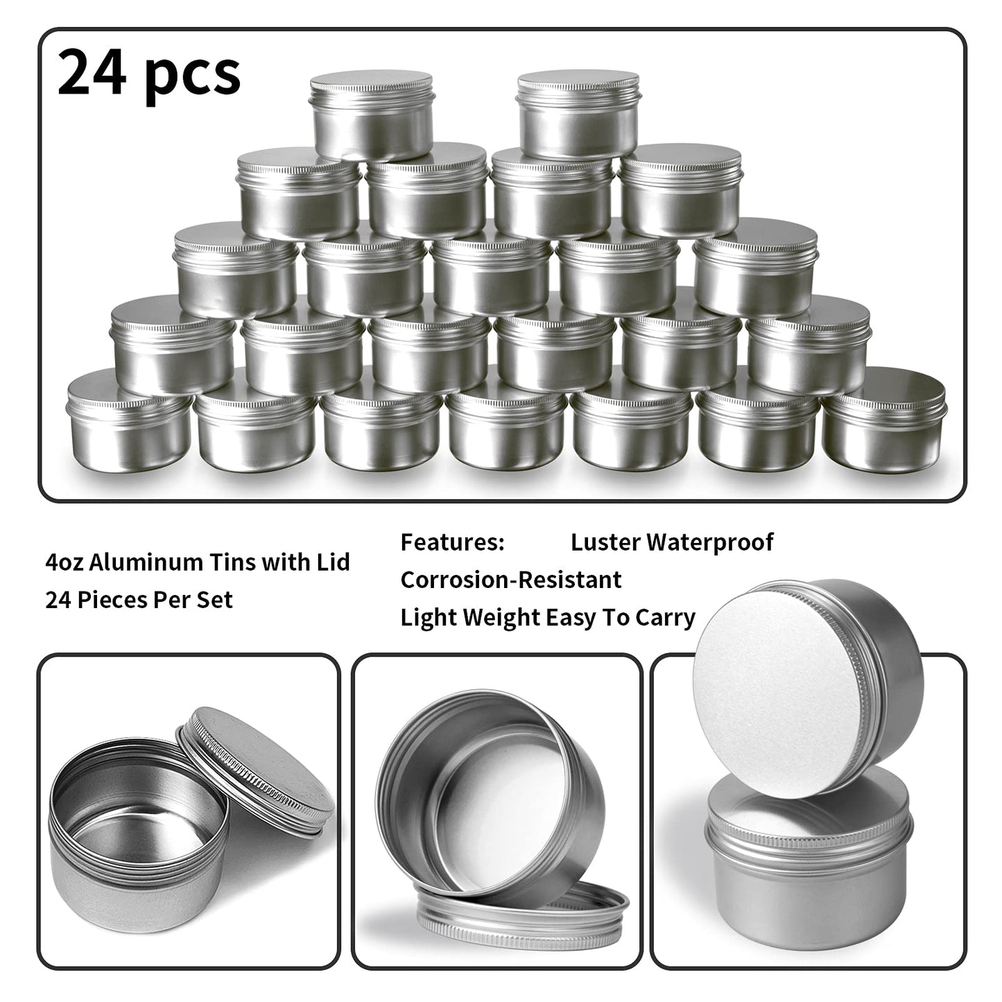 24 Pack 4 oz Aluminum Balm Tins For Pill Storage, Jar Containers with Screw Thread Lid for Lip Balm, Cosmetic, Salve, Aluminum Tin Cans Containers for Candle Making