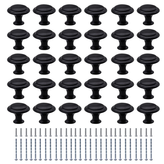 LFSEMINI Round Cabinet Knobs, 30/60pcs Drawer Knobs, 1.1in Door Knobs Matte Black Stainless Steel Round Cabinet Pulls with 30 Short Screws & 30 Slub Screws, for Kitchen, Bathroom(30pcs Knobs)