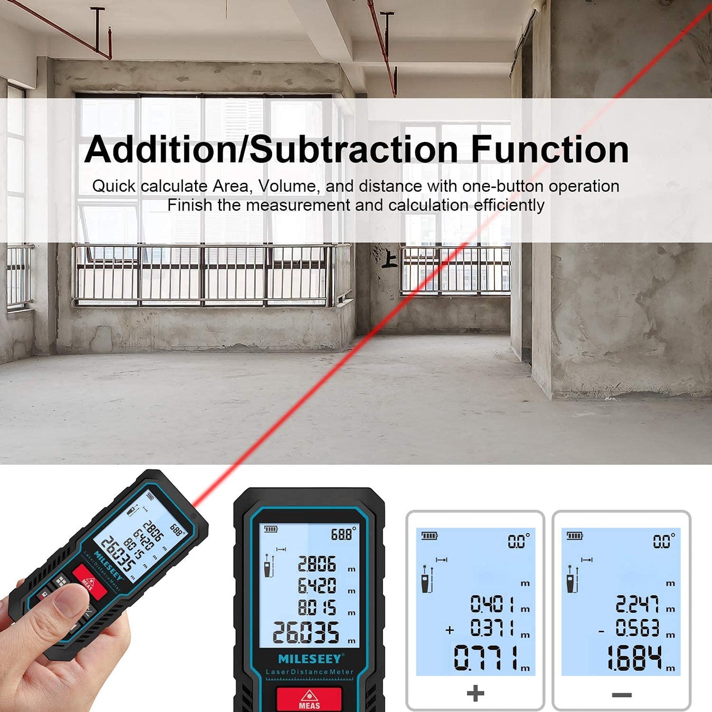 Laser Measure Device, MiLESEEY 229ft Digital Laser Tape Measure with Upgrade Electronic Angle Sensor, ±2mm Accuracy, Area Measurement,Volume and Pythagoras, 2" LCD Backlit,Mute, Battery Included