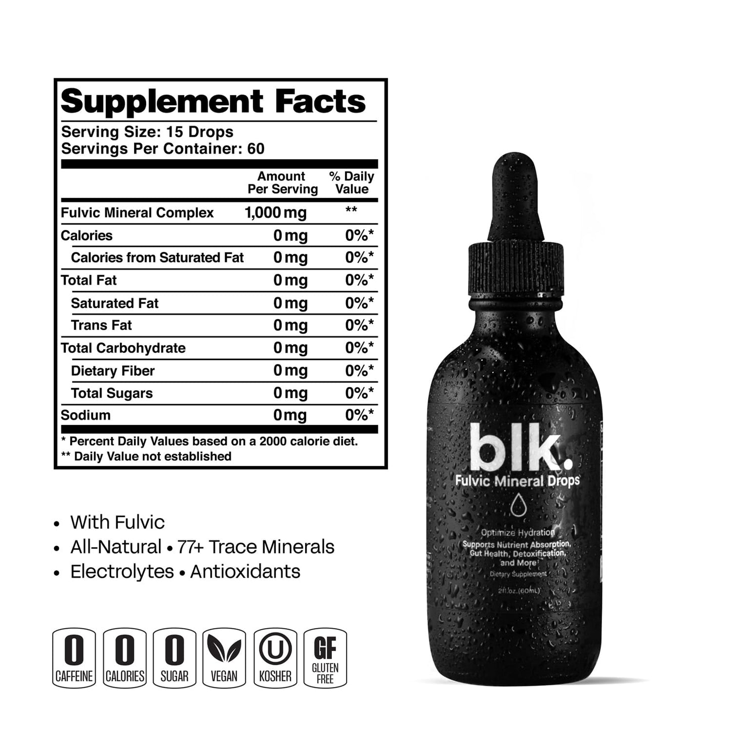 blk. Mineral Drops, 2oz., Alkaline Water Drops with Concentrated Fulvic Minerals, Bioavailable Fulvic & Humic Acid Extract, Trace Minerals, Electrolytes to Hydrate, Repair & Restore Cells