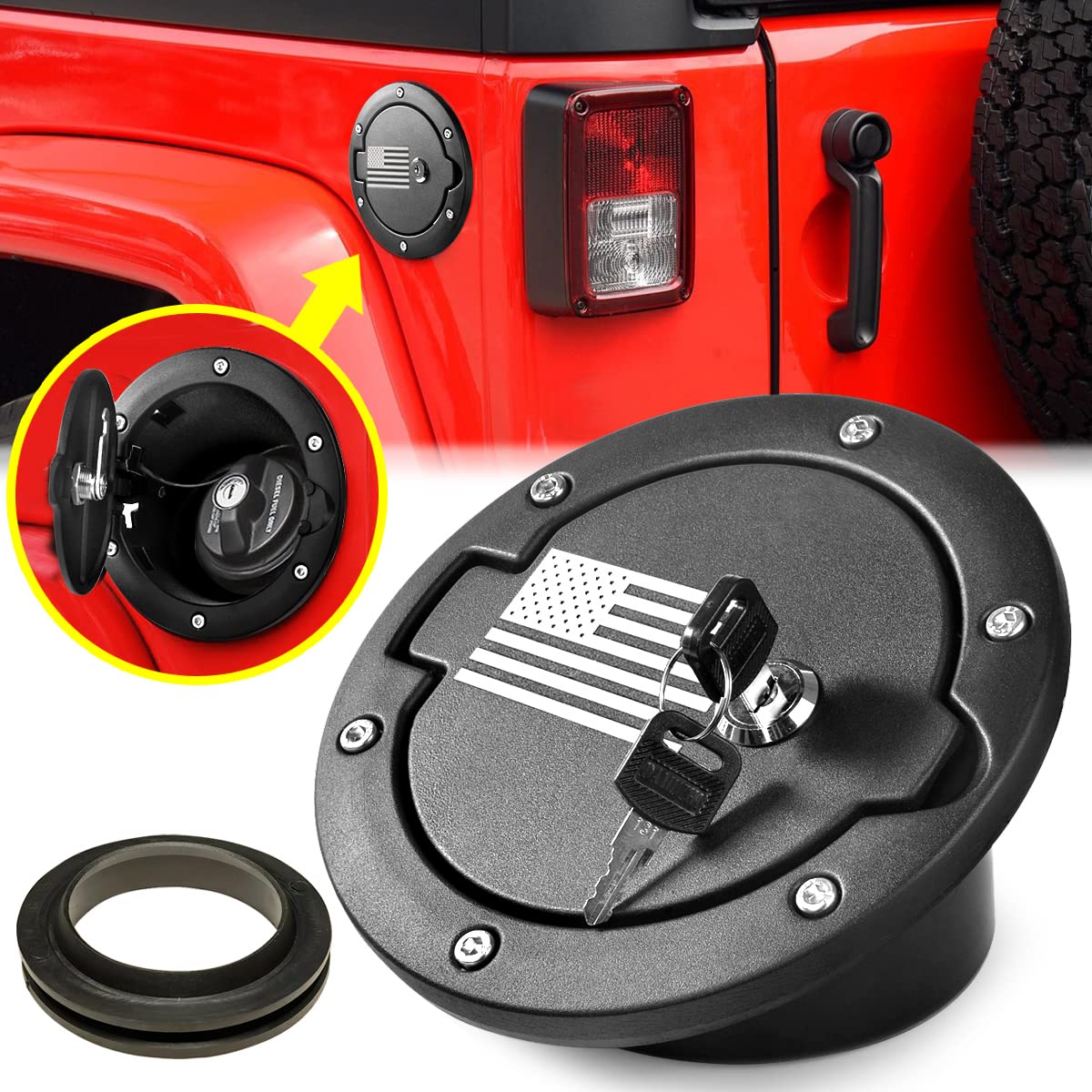 Aukmak Gas Cap Cover Fuel Filler Door Locking Gas Tank for Jeep Wrangler Accessories 2007-2018 JK JKU Unlimited Rubicon Sahara(US Flag)