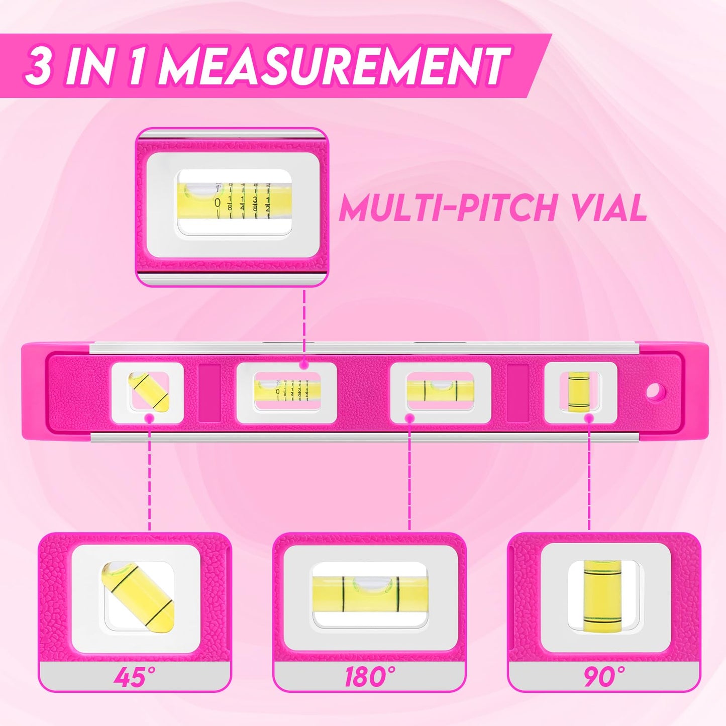 ThinkLearn 5pcs Torpedo Level, 9", 12", 16" Pink Magnetic Level Set with Carrying Bag, Tape Measure, 45°/90°/180° Bubbles Measuring Leveler Tool, Spirit Level for Women