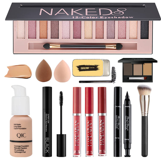 All in One Makeup Kit, Includes 12 Colors Naked Eyeshadow Palette, Nude Liquid Foundation, Lipstick Set, Mascara, Makeup Brush, Makeup Sponge, Eyebrow Powder, Eyebrow Soap, Winged Eyeliner Stamp(#104)