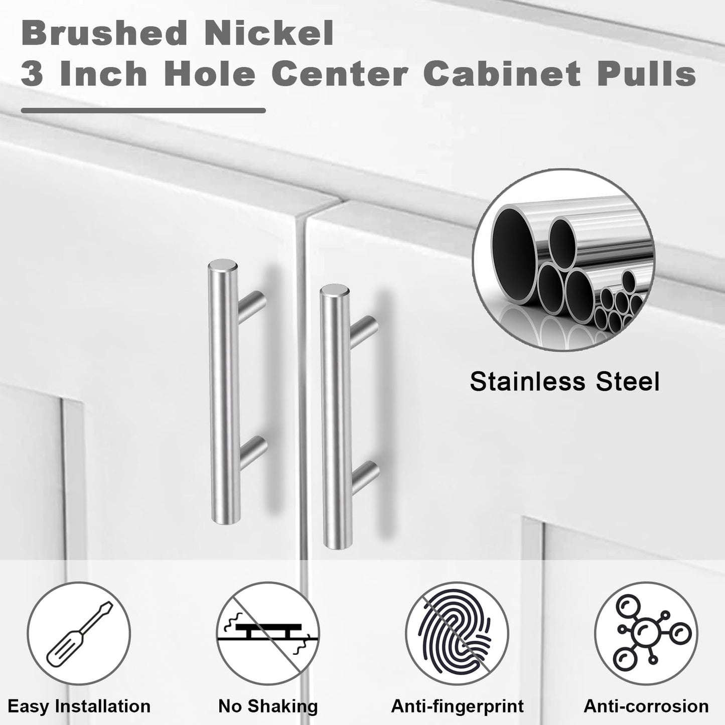 Estmoon 30 Pack Brushed Nickel Cabinet Handles 3 Inch Hole Center Cabinet Pulls Stainless Steel Drawer Pulls Silver Kitchen Handles Cabinet Hardware for Drawers, Cupboards - 5" Length, 3" Hole Center