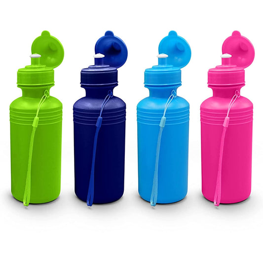 4E's Novelty Water Sports Bottles for Kids (4 Pack) 18oz BPA Free, Reusable Plastic Water Bottles (Neon Colors)