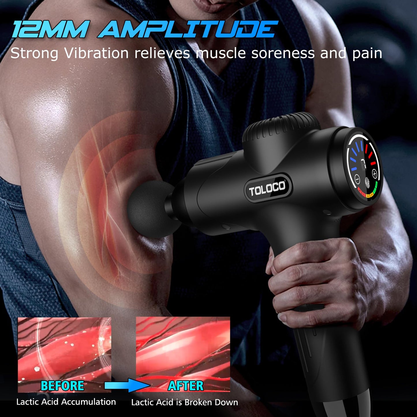 TOLOCO Massage Gun, Muscle Massage Gun Deep Tissue, Percussion Massage Gun with 8 Replacement Heads, Super Quiet Portable Electric Massager for Athletes, Treatment, Relax, Black