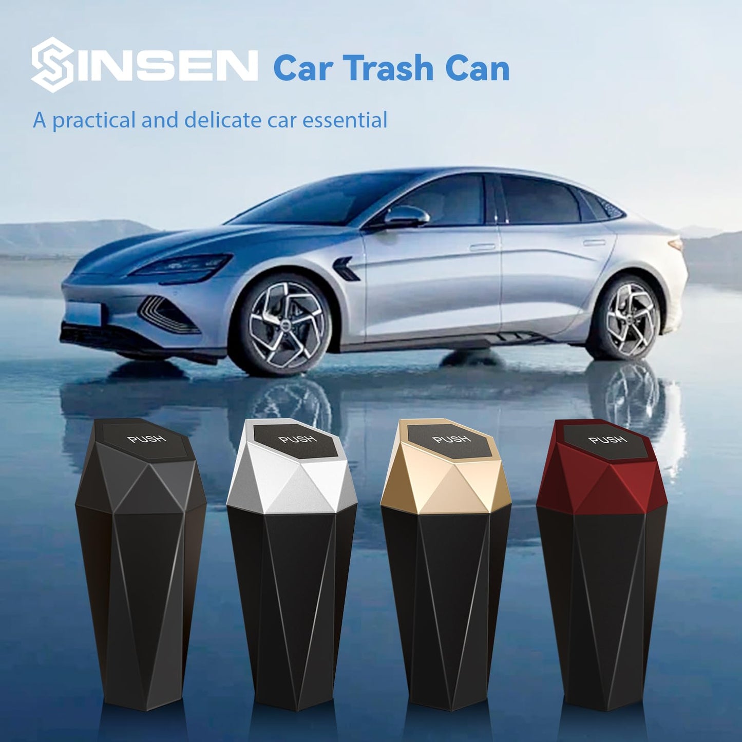 SINSEN Car Trash Can with Lid, Truck Garbage Bin and Interior Organizer Accessories Must Haves, Mini Diamond Trashcan for Road Trip, Leak-Proof, 2PCS