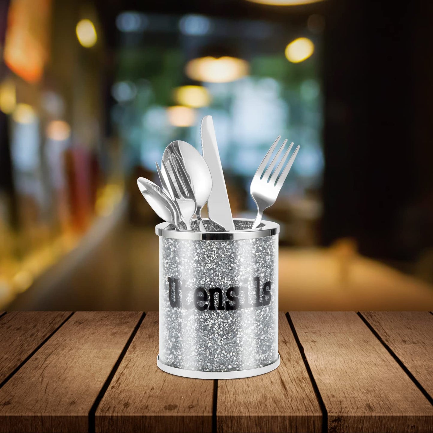 sugarchef Crushed Diamond Small Kitchen Utensil Holder for Countertop Glass Flatware Silver Utensil Crock Sparkly Gift Utensil Organizer