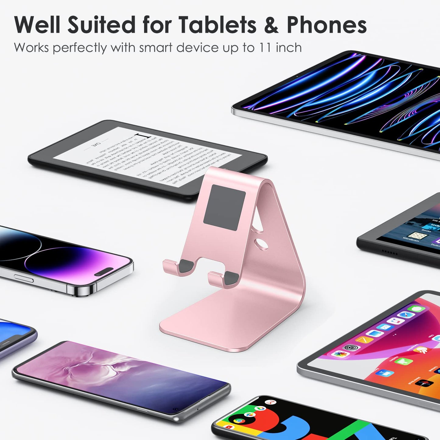 OMOTON Upgraded Aluminum Cell Phone Stand, C1 Durable Cellphone Dock with Protective Pads, Smart Stand Designed for iPhone 15, 14/13/12/11 Pro Max XR XS, iPad Mini, Android Phones,Rose Gold