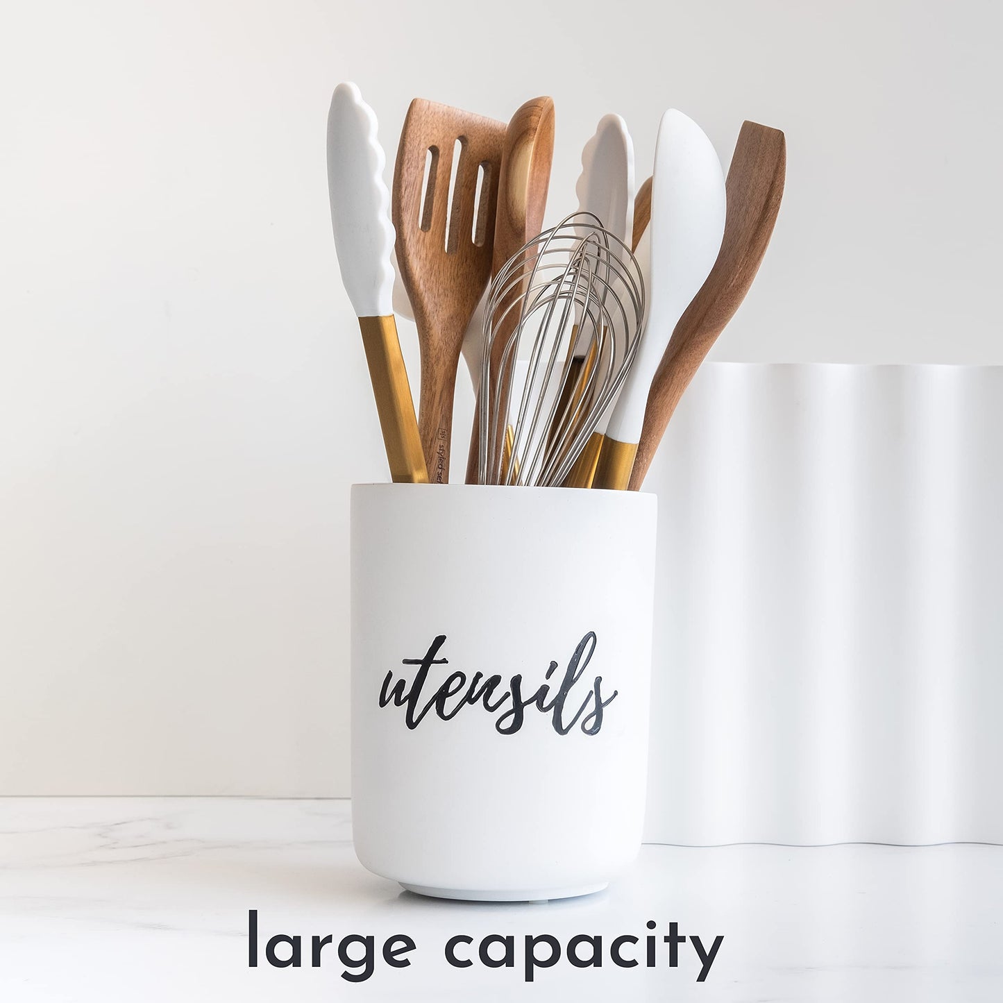 White Utensil Holder for Countertop- Stylish, Rustic Farmhouse Utensil Holder & Organizer - Heavy, Durable, Extra Large Utensil Holder for Modern Farmhouse Decor & Farmhouse Kitchen Accessories