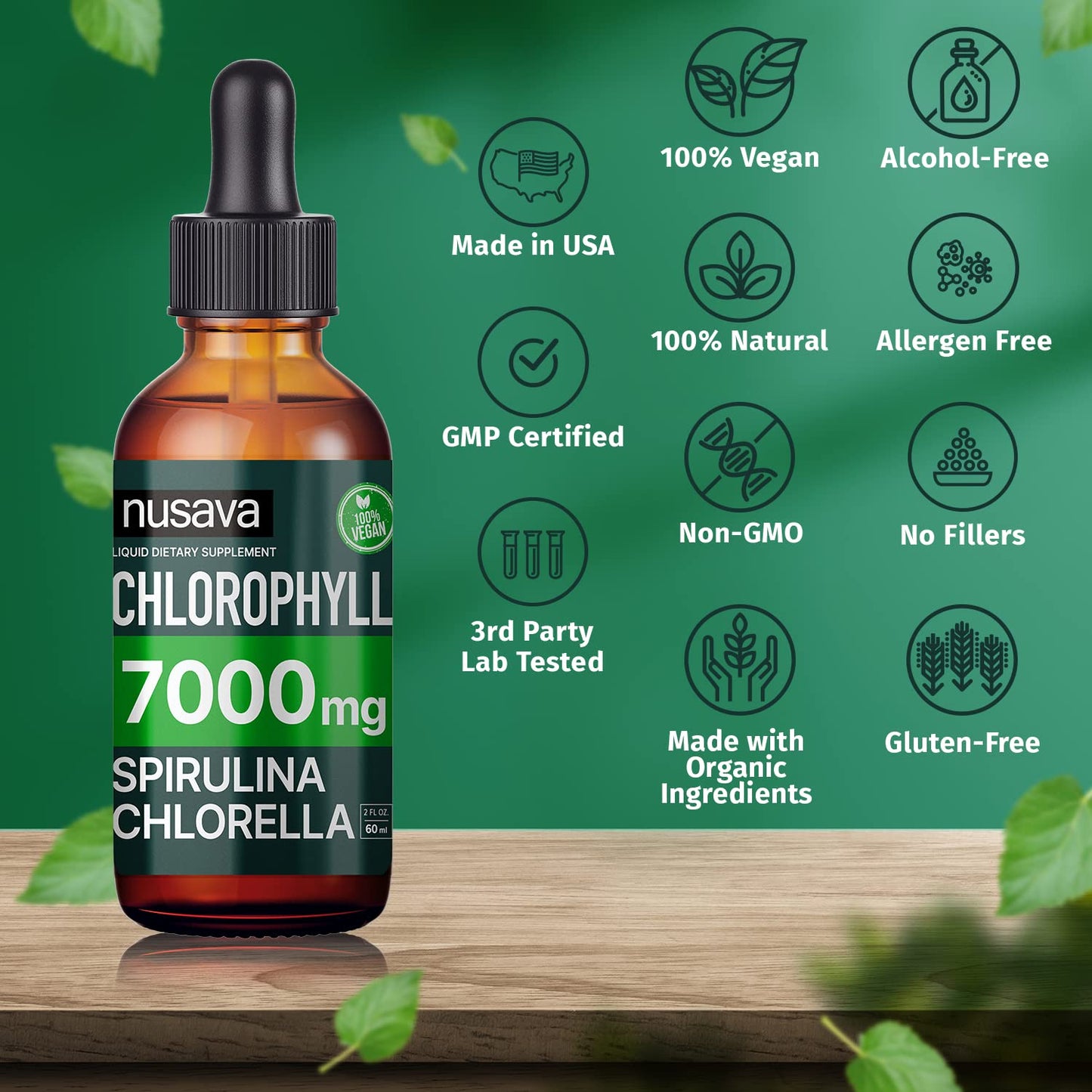 (2 Pack) Vegan Chlorophyll Liquid Drops 7000mg for Immune Support, Energy, Gut & Skin Health, 4-in-1 Liquid Chlorophyll Drops - 100mg, Spirulina, Chlorella, & Copper - Internal Deodorant, 4 Fl Oz