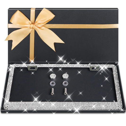 AUJEN Bling License Plate Frame - Sparkly License Plate Holder, Lastingly Diamond License Plate Frame for Women, Stainless Steel & Obstruction-Free Car Accessory with Multifaceted Rhinestones