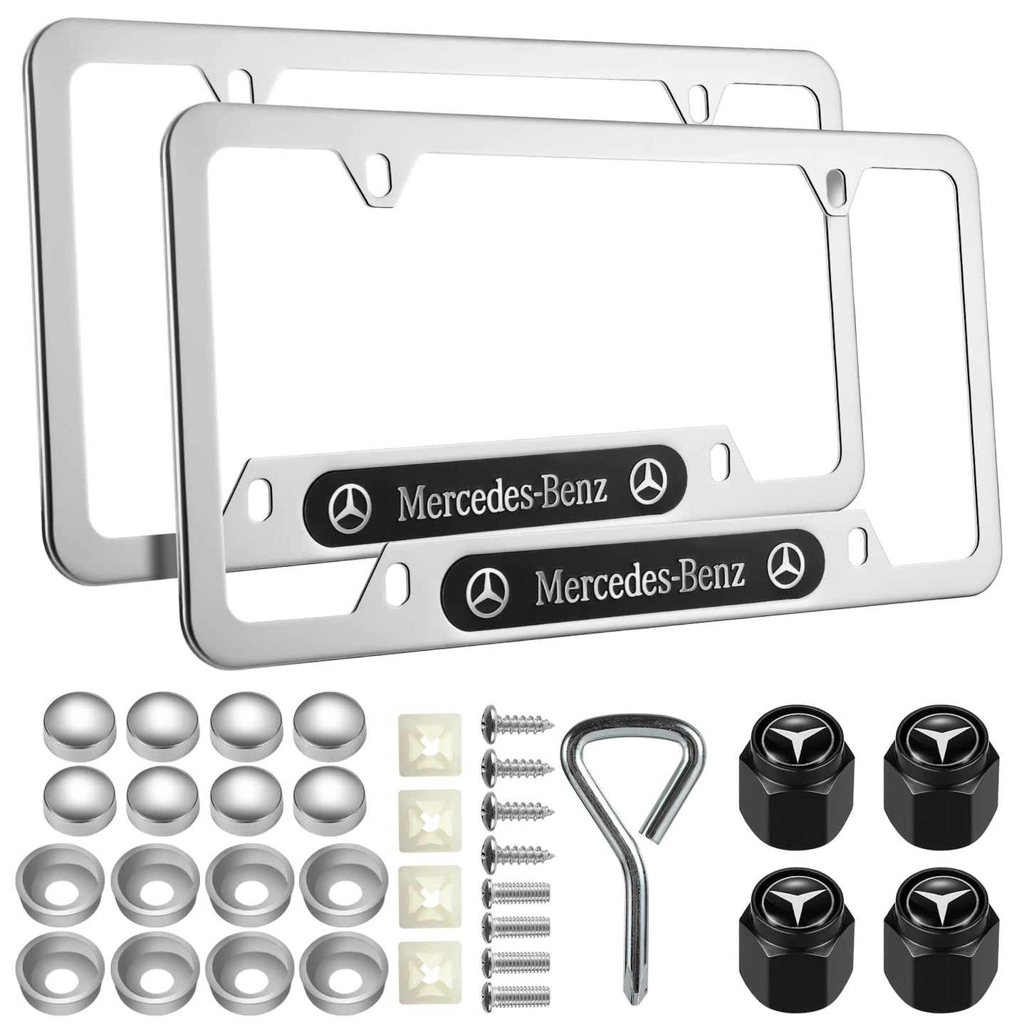 DEWEST 2PCS Stainless Steel License Plate Frames for Mercedes Benz, Silver License Plate Holder Bracket, Aluminum Alloy Weather Proof License Plate Covers with Screw Caps Cover Set Car Accessories