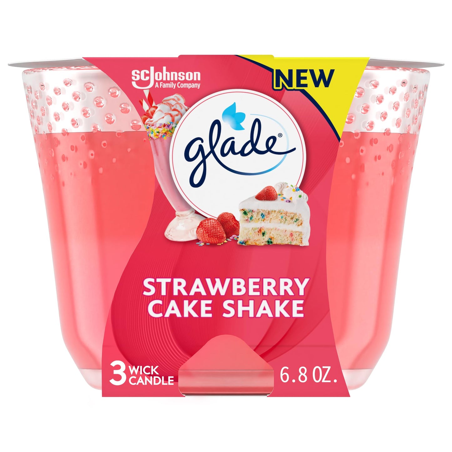 Glade Candle Strawberry Cake Shake, Fragrance Candle Infused with Essential Oils, Air Freshener Candle, 3-Wick Candle, 6.8 Oz