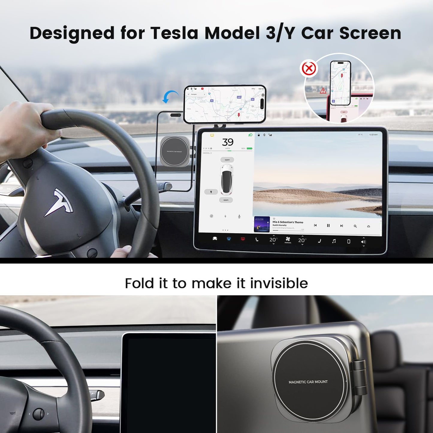 Marnana Phone Mount for Tesla Model 3 Model Y, Strong Magnetic Designed for MagSafe Car Mount Phone Holder for Tesla Screen Monitor, Invisible Foldaway Tesla Accessories for iPhone 12/13/14 Series…